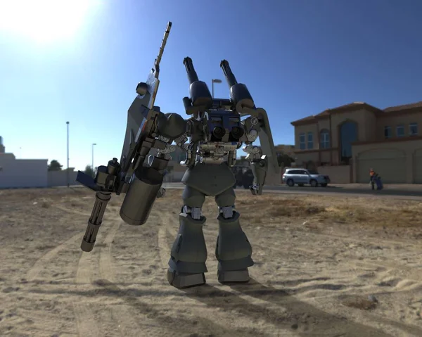 Sci Mecha Żołnierz Stoi Wojskowy Futurystyczny Robot Mecha Kontrolowany Przez — Zdjęcie stockowe