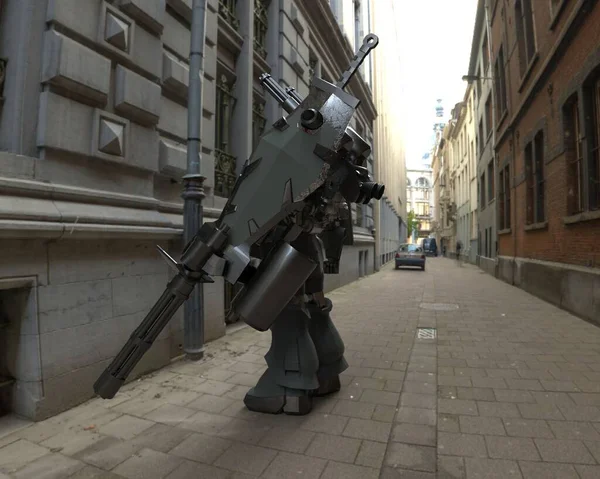 Sci Mecha Soldat Stående Militær Futuristisk Robot Mekka Kontrolleret Pilot - Stock-foto