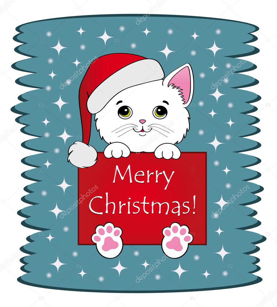 Bel gattino bianco con cartello buon Natale — Vettoriale Stock