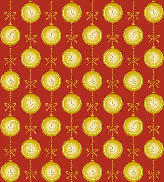 Рождественский узор с золотыми шариками и луками на красном фоне — стоковый вектор
