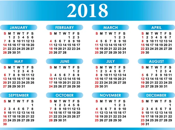 English calendar 2018 — Stock Vector