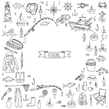 Elle çizilmiş doodle balıkçılık simgeler 