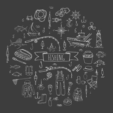 Elle çizilmiş doodle balıkçılık simgeler 