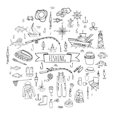 Elle çizilmiş doodle balıkçılık simgeler 