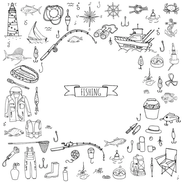 Elle çizilmiş doodle balıkçılık simgeler 