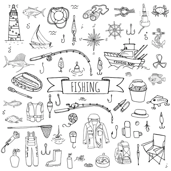 Hand drawn doodle Fishing icons — Stock Vector