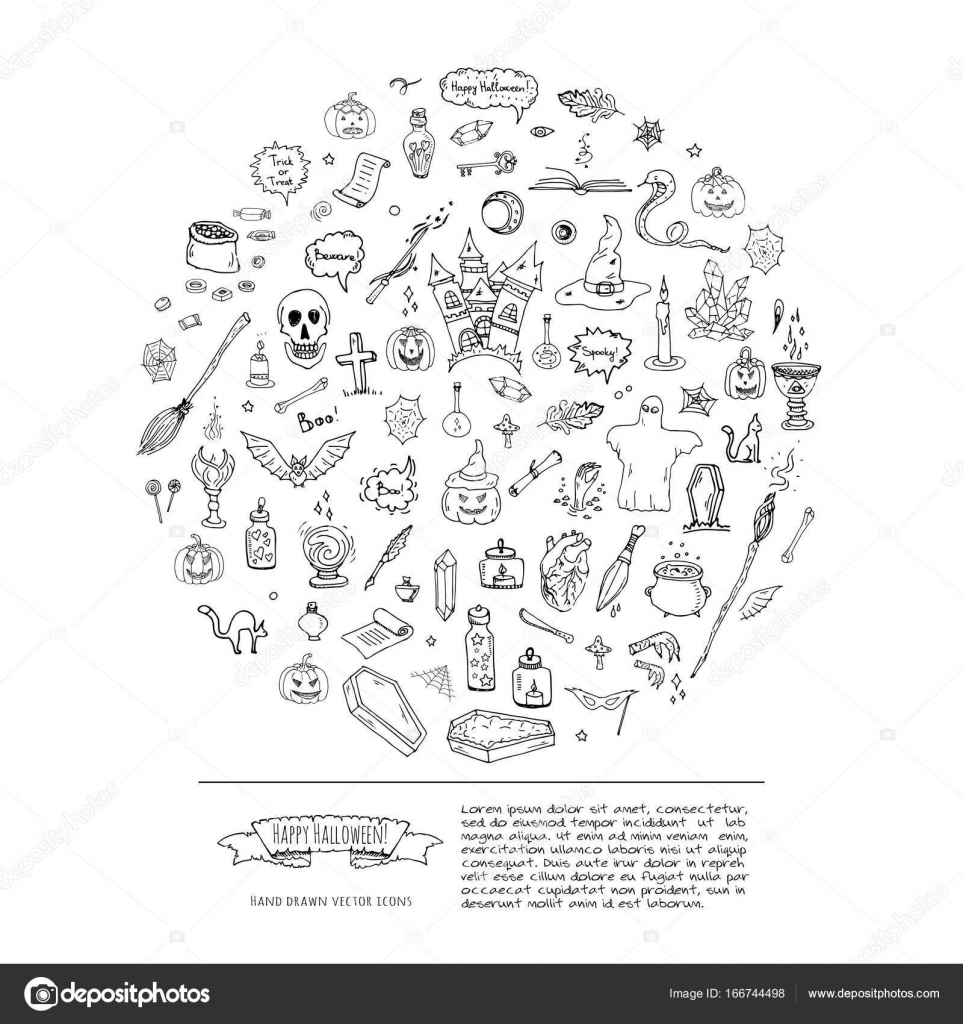 Divers éléments de l esquisse de dessin animé citrouille fant´me ch¢teau chauve souris sucrerie chaudron de sorci¨res