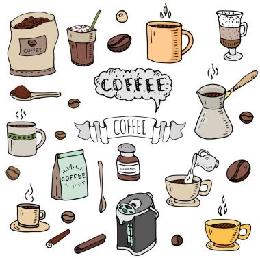 Elle çizilmiş doodle kahve saati Icon set vektör illüstrasyon izole içmek semboller koleksiyonu çizgi film çeşitli içecek öğe: kupa, fincan, espresso, americano, İrlandalı, kafeinsiz, mocha, kahve yapma makinesi
