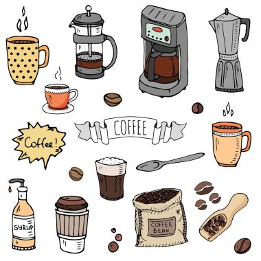 Elle çizilmiş doodle kahve saati Icon set vektör illüstrasyon izole içmek semboller koleksiyonu çizgi film çeşitli içecek öğe: kupa, fincan, espresso, americano, İrlandalı, kafeinsiz, mocha, kahve yapma makinesi
