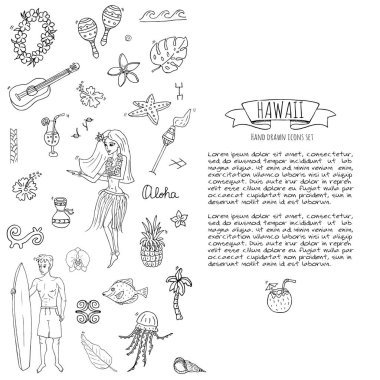 Elle çizilmiş doodle Hawaii Icons set hawaiian semboller vektör illüstrasyon izole semboller koleksiyonunu çizgi film öğeleri: ABD devlet harita Honolulu devlet Hula kızı sörf adam volkan gitar cennet sanat