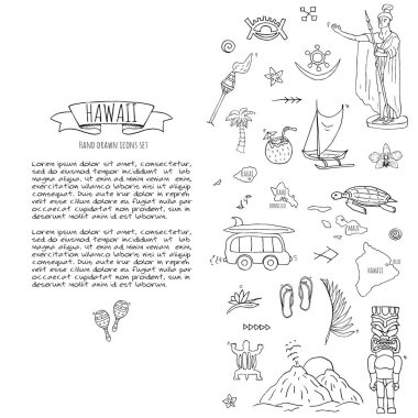 Elle çizilmiş doodle Hawaii Icons set hawaiian semboller vektör illüstrasyon izole semboller koleksiyonunu çizgi film öğeleri: ABD devlet harita Honolulu devlet Hula kızı sörf adam volkan gitar cennet sanat