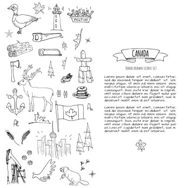 Elle çizilmiş doodle Kanada Icons set Kanada semboller vektör illüstrasyon izole semboller koleksiyonunu çizgi film öğeleri: ayı, harita, bayrak, akçaağaç, kunduz, geyik, kaz, totem direği, at, hokey, poutine