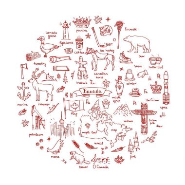 Elle çizilmiş doodle Kanada Icons set Kanada semboller vektör illüstrasyon izole semboller koleksiyonunu çizgi film öğeleri: ayı, harita, bayrak, akçaağaç, kunduz, geyik, kaz, totem direği, at, hokey, poutine