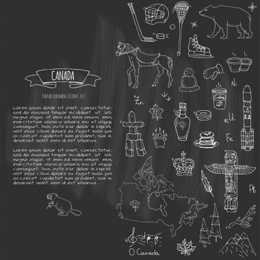 Elle çizilmiş doodle Kanada Icons set Kanada semboller vektör illüstrasyon izole semboller koleksiyonunu çizgi film öğeleri: ayı, harita, bayrak, akçaağaç, kunduz, geyik, kaz, totem direği, at, hokey, poutine