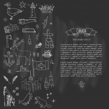 Elle çizilmiş doodle Kanada Icons set Kanada semboller vektör illüstrasyon izole semboller koleksiyonunu çizgi film öğeleri: ayı, harita, bayrak, akçaağaç, kunduz, geyik, kaz, totem direği, at, hokey, poutine