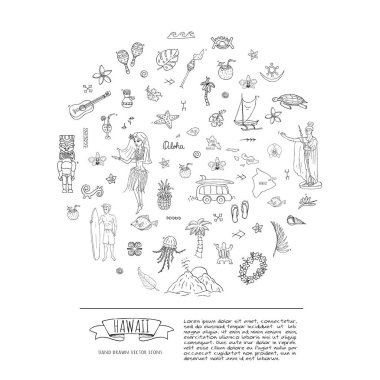 Elle çizilmiş doodle Hawaii Icons set hawaiian semboller vektör illüstrasyon izole semboller koleksiyonunu çizgi film öğeleri: ABD devlet harita Honolulu devlet Hula kızı sörf adam volkan gitar cennet sanat
