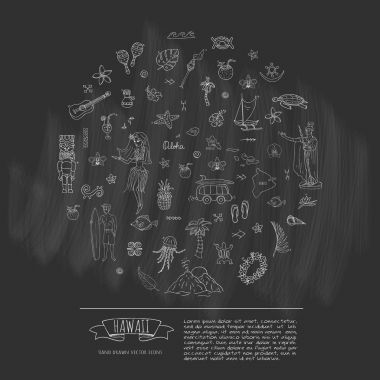 Elle çizilmiş doodle Hawaii Icons set hawaiian semboller vektör illüstrasyon izole semboller koleksiyonunu çizgi film öğeleri: ABD devlet harita Honolulu devlet Hula kızı sörf adam volkan gitar cennet sanat