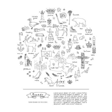 Elle çizilmiş doodle Kanada Icons set Kanada semboller vektör illüstrasyon izole semboller koleksiyonunu çizgi film öğeleri: ayı, harita, bayrak, akçaağaç, kunduz, geyik, kaz, totem direği, at, hokey, poutine