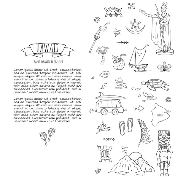 Elle çizilmiş doodle Hawaii Icons set hawaiian semboller vektör illüstrasyon izole semboller koleksiyonunu çizgi film öğeleri: ABD devlet harita Honolulu devlet Hula kızı sörf adam volkan gitar cennet sanat