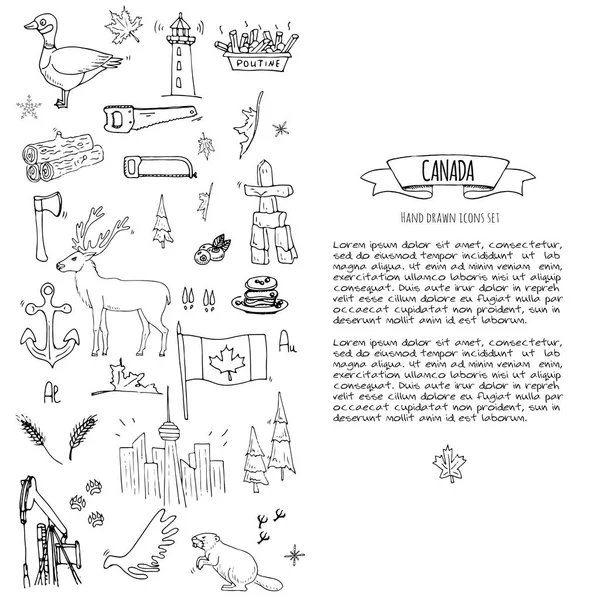 Elle çizilmiş doodle Kanada Icons set Kanada semboller vektör illüstrasyon izole semboller koleksiyonunu çizgi film öğeleri: ayı, harita, bayrak, akçaağaç, kunduz, geyik, kaz, totem direği, at, hokey, poutine