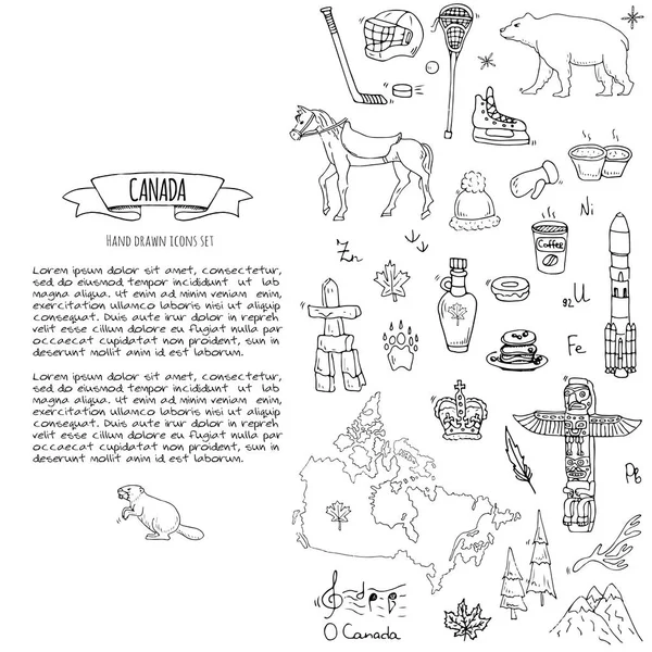 Doodle Desenhado Mão Canadá Ícones Conjunto Ilustração Vetorial Símbolos Isolados — Vetor de Stock