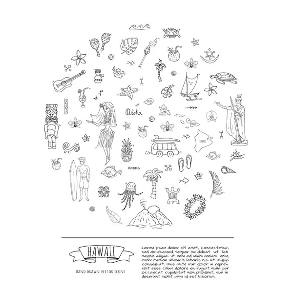 Handgezeichnete Doodle Hawaii Symbole Setzen Vektor Illustration Isolierte Symbole Sammlung — Stockvektor