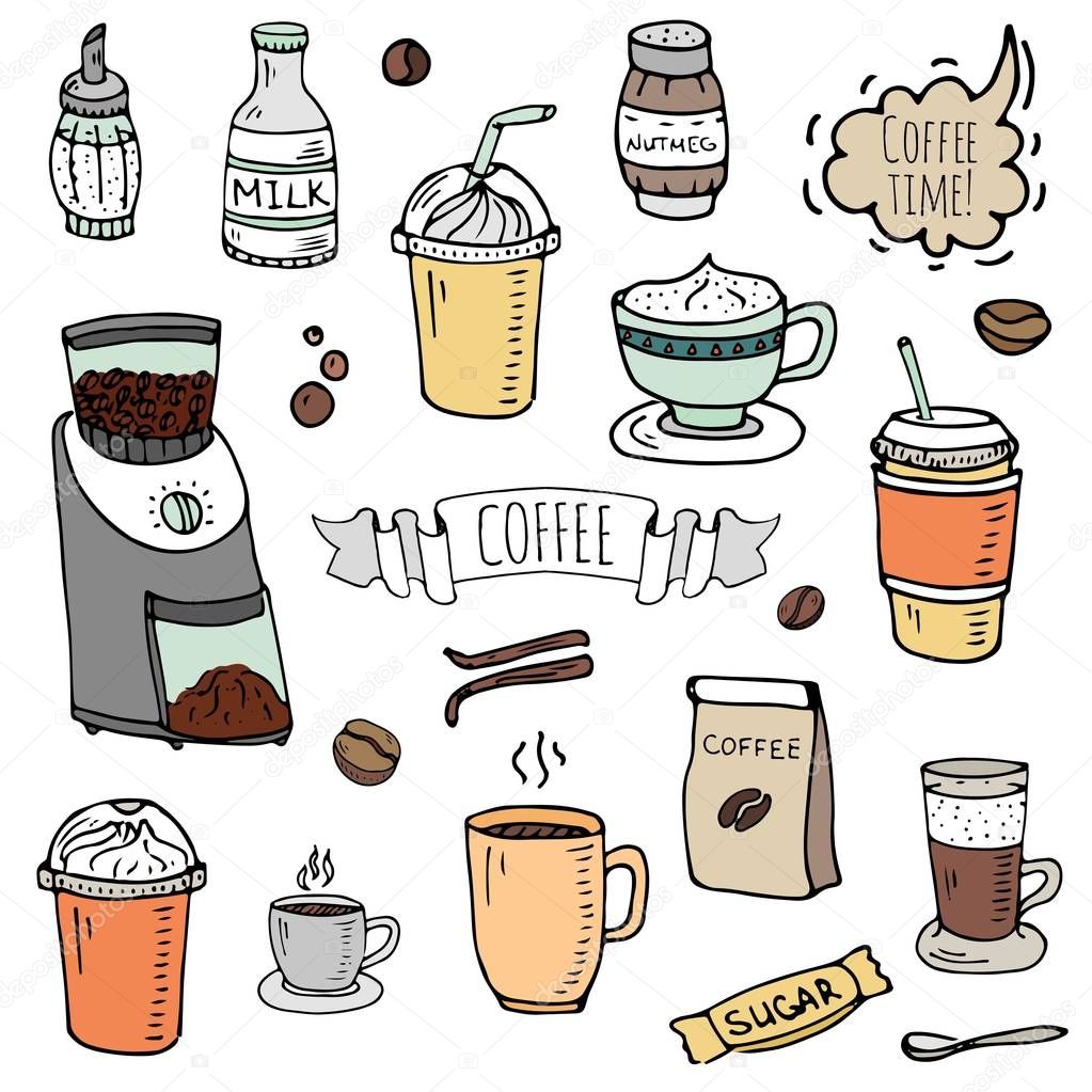 Hand drawn doodle Coffee time icon set Vector illustration isolated drink symbols collection Cartoon various beverage element: mug, cup, espresso, americano, irish, decaf, mocha, coffee making machine