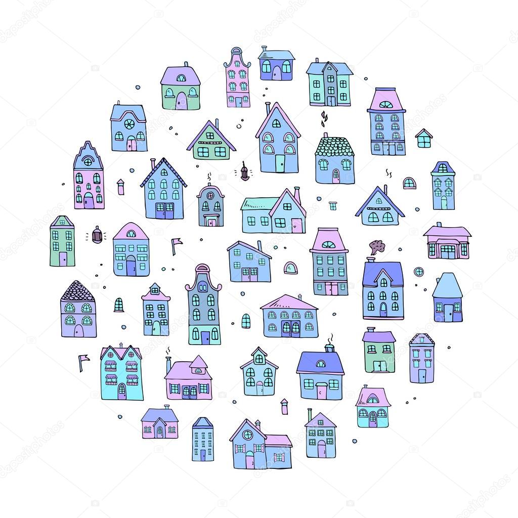 Hand drawn doodle winter street homes icons set. Vector illustration. Cottage symbol collection. Cartoon village buildings various sketch architectural elements: residential houses, housing, property
