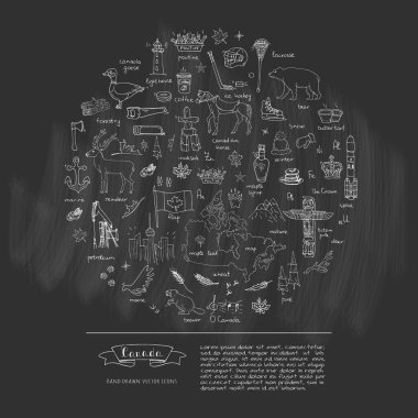 Elle çizilmiş doodle Kanada Icons set Kanada semboller vektör illüstrasyon izole semboller koleksiyonunu çizgi film öğeleri: ayı, harita, bayrak, akçaağaç, kunduz, geyik, kaz, totem direği, at, hokey, poutine