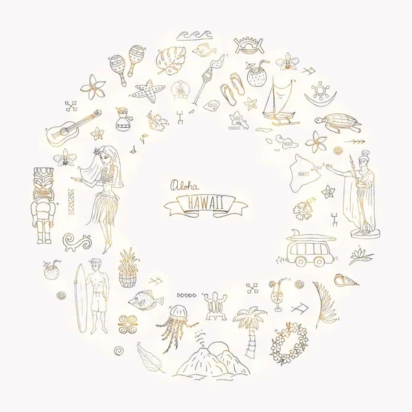 Hand Drawn Doodle Hawaii Icons Set Vector Illustration Isolated Symbols Collection Of Hawaiian Symbols Cartoon Elements Usa State Map Honolulu State Hula Girl Surfing Guy Volcano Guitar Paradise Art Stock Images