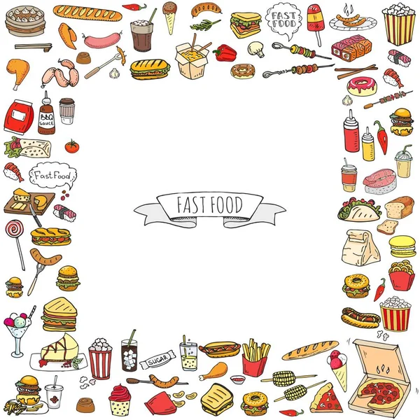 Hand Getrokken Doodle Fastfood Pictogrammen Instellen Vectorillustratie Junkfood Elementen Collectie — Stockvector