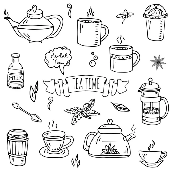 Hand Dras Doodle Tid Ikonen Ange Vektorillustration Isolerade Drink Symboler — Stock vektor