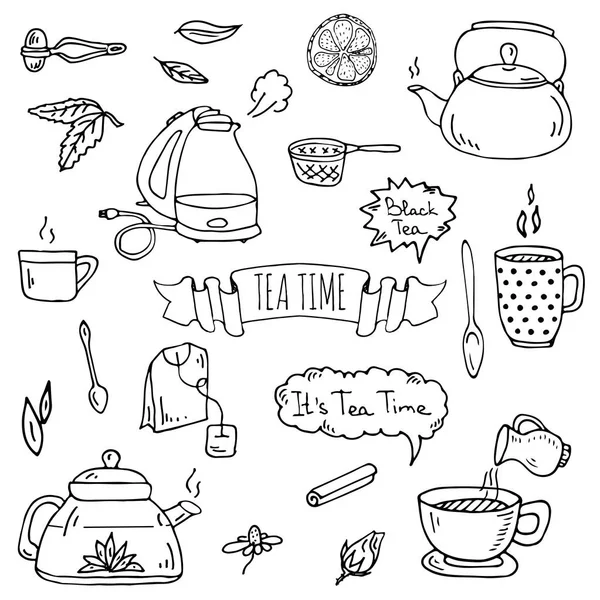 Elle Çizilmiş Doodle Çay Saat Simgesini Ayarla Vektör Çizim Zole — Stok Vektör
