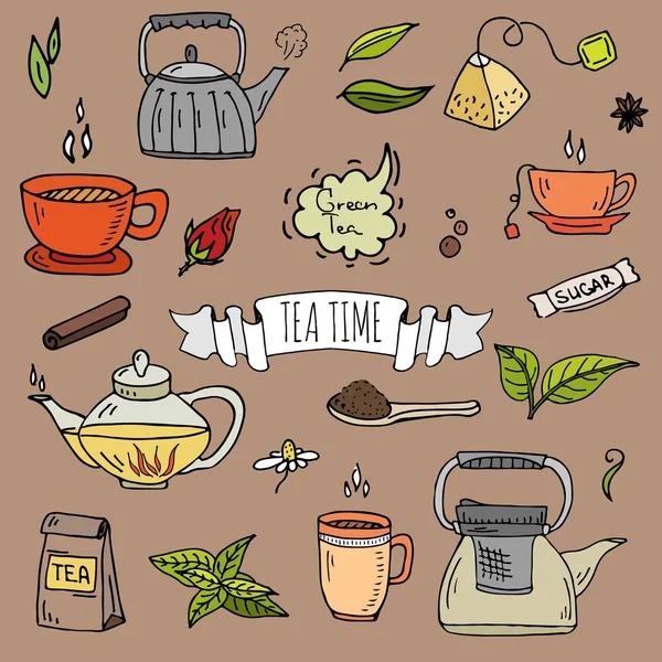Ustaw Ręcznie Rysowane Doodle Herbata Czas Ikona Ilustracja Wektorowa Białym — Wektor stockowy