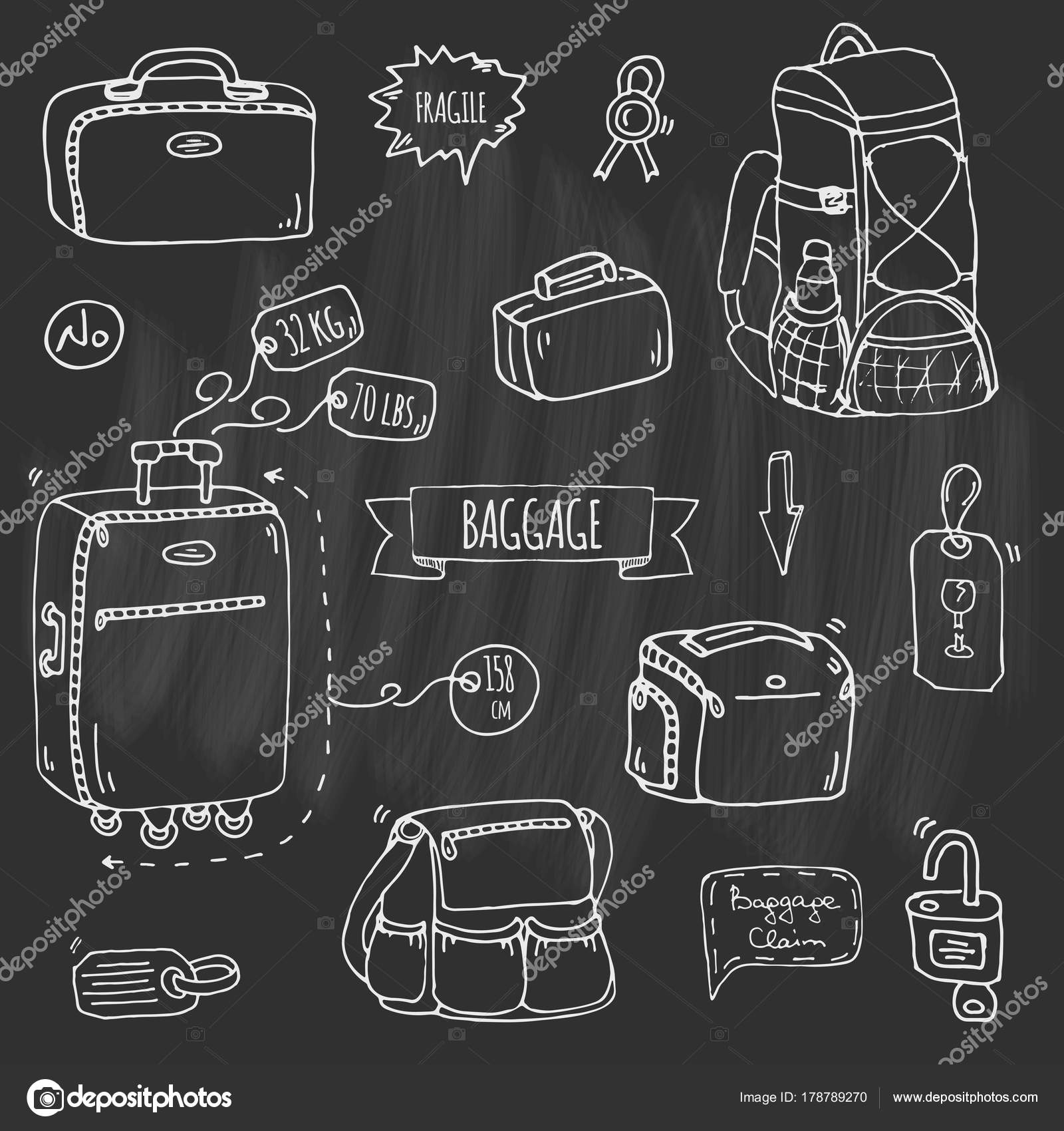 Hand Drawn Doodle Baggage Icons Set Vector Illustration Different