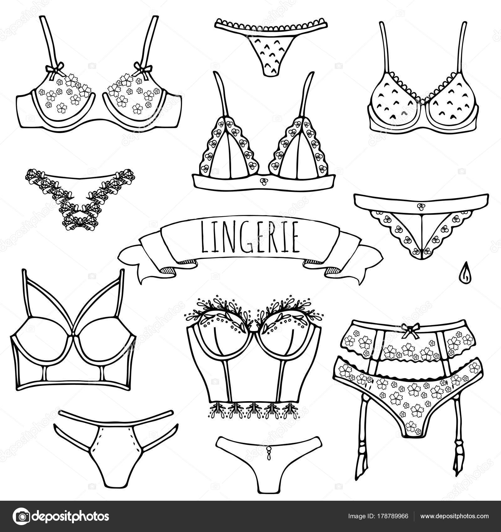 Set of women sexy underwear. Cartoon feminine bra and panties