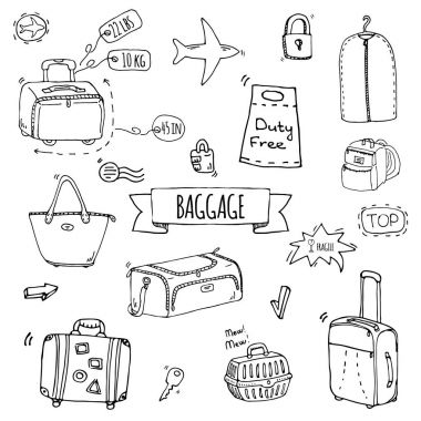 Elle çizilmiş doodle Bagaj simgeler kümesi. Vektör çizim. Bagaj farklı türleri. Büyük ve küçük bavul, el çantası, sırt çantası, taşıyan hayvanlar, sandık, el çantası, etiket. Robot resim karikatür tarzı.