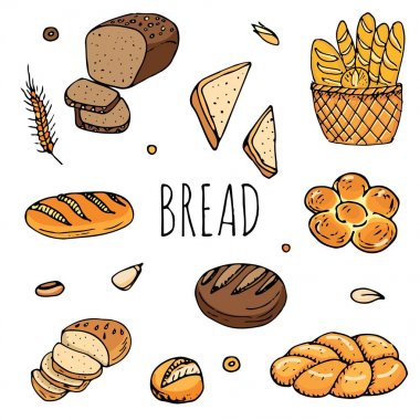 Elle çizilmiş karikatür gıdaların doodles: Çavdar ekmeği, ciabatta, tam tahıllı ekmek, simit, dilimlenmiş ekmek, Fransız baget, kruvasan, sandviç, kek. Ekmek ayarlayın. Vektör çizim. Taslak öğeler koleksiyonu.