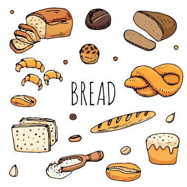 Elle çizilmiş karikatür gıdaların doodles: Çavdar ekmeği, ciabatta, tam tahıllı ekmek, simit, dilimlenmiş ekmek, Fransız baget, kruvasan, sandviç, kek. Ekmek ayarlayın. Vektör çizim. Taslak öğeler koleksiyonu.