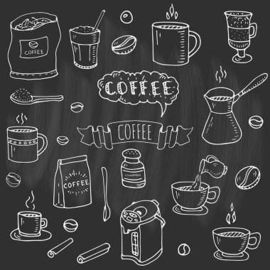 Elle çizilmiş doodle kahve saati Icon set vektör illüstrasyon izole içmek semboller koleksiyonu çizgi film çeşitli içecek öğe: kupa, fincan, espresso, americano, İrlandalı, kafeinsiz, mocha, kahve yapma makinesi