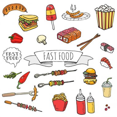 Elle çizilmiş doodle Fast food Icons set. Vektör çizim. Abur cubur öğeleri koleksiyonu. Çizgi film snack çeşitli kroki sembolü: soda, hamburger, patates, sosisli sandviç, pizza, tacos, tatlı çöl, çörek, patlamış mısır