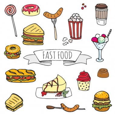 Elle çizilmiş doodle Fast food Icons set. Vektör çizim. Abur cubur öğeleri koleksiyonu. Çizgi film snack çeşitli kroki sembolü: soda, hamburger, patates, sosisli sandviç, pizza, tacos, tatlı çöl, çörek, patlamış mısır