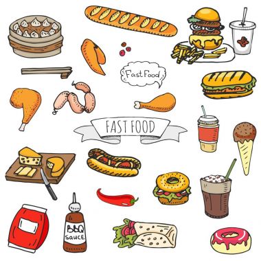Elle çizilmiş doodle Fast food Icons set. Vektör çizim. Abur cubur öğeleri koleksiyonu. Çizgi film snack çeşitli kroki sembolü: soda, hamburger, patates, sosisli sandviç, pizza, tacos, tatlı çöl, çörek, patlamış mısır