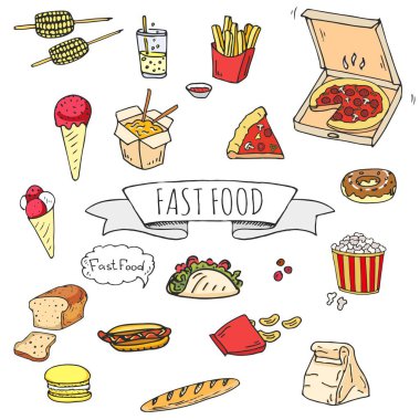 Elle çizilmiş doodle Fast food Icons set. Vektör çizim. Abur cubur öğeleri koleksiyonu. Çizgi film snack çeşitli kroki sembolü: soda, hamburger, patates, sosisli sandviç, pizza, tacos, tatlı çöl, çörek, patlamış mısır