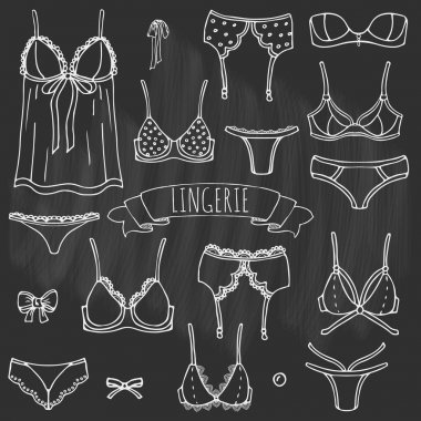 Elle çizilmiş doodle iç çamaşırı Icon set. Moda kadınsı vektör çizim. Seksi dantelli kadın iç çamaşırı sembolü koleksiyonu. Çeşitli eskiz unsurları karikatür: sütyen, külot, korse, sütyen, string, bikini