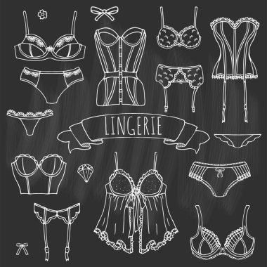Elle çizilmiş doodle iç çamaşırı Icon set. Moda kadınsı vektör çizim. Seksi dantelli kadın iç çamaşırı sembolü koleksiyonu. Çeşitli eskiz unsurları karikatür: sütyen, külot, korse, sütyen, string, bikini