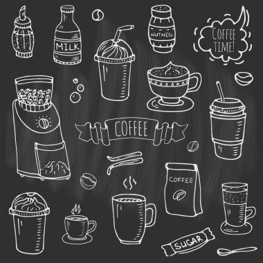 Elle çizilmiş doodle kahve saati Icon set vektör illüstrasyon izole içmek semboller koleksiyonu çizgi film çeşitli içecek öğe: kupa, fincan, espresso, americano, İrlandalı, kafeinsiz, mocha, kahve yapma makinesi