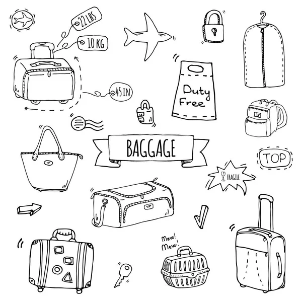 Set Icone Bagaglio Doodle Disegnate Mano Illustrazione Vettoriale Diversi Tipi — Vettoriale Stock