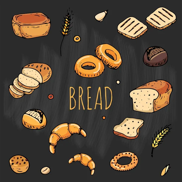 手绘涂鸦的卡通食品 黑麦面包 饼子中间 全麦面包 百吉饼 切片面包 法国面包 牛角面包 三明治 面包的设置 — 图库矢量图片