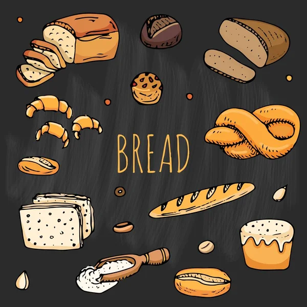 手绘涂鸦的卡通食品 黑麦面包 饼子中间 全麦面包 百吉饼 切片面包 法国面包 牛角面包 三明治 面包的设置 — 图库矢量图片
